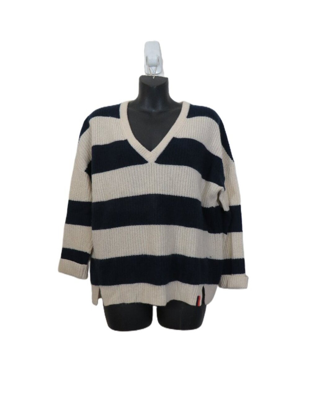 Kule size Small Cashmere Striped V Neck Sweater Navy Pullover